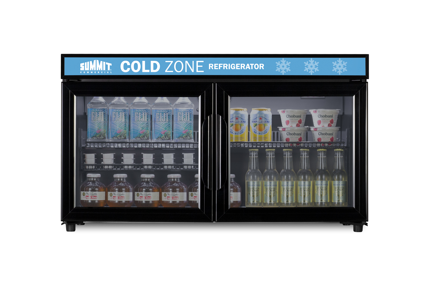 Countertop, shallow depth single-zone commercial refrigerator for freestanding use with French glass doors, black cabinet, digital controls, and LED lighting